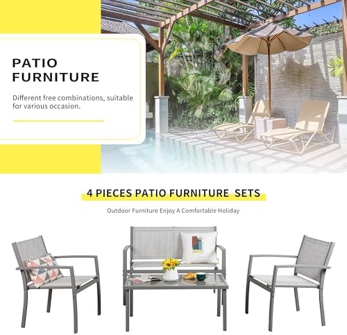 Shintenchi 4 Pieces Patio Furniture Set All Weather Textile Fabric Outdoor Conversation Set, with Glass Coffee Table, Loveseat, 2 Single Chairs for Home, Garden, Lawn, Porch（Silver） - Image 6
