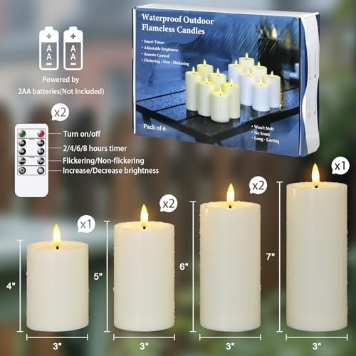 Yeelida Outdoor 6pcs Flameless Waterproof Candles with Handy Remote Control, Cycle Timer Battery Operated Candle Grease Effect LED Flickering Pillar Plastic Long Lasting (Ivory, 3" x4" 5" 5" 6" 6" 7") - Image 3