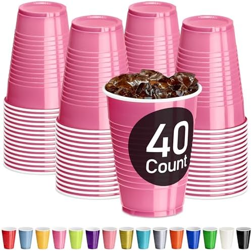 DecorRack Pink Plastic Cups, 12 oz Disposable Cups, Reusable Party Supplies (40 Count) by DecorRack