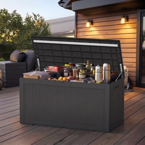 120 Gallon Outdoor Deck Box, Lockable Waterproof Outdoor Storage Boxes For Garden Tools,Indoor Cushions,Accessories Outside Storage Resin Weatherproof Container(Black) - Image 7