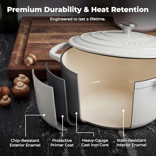 Zulay Kitchen 6.4QT Enameled Cast Iron Dutch Oven Pot with Lid, Heavy-Duty Soup Pot for Stews, Braising, Roasting & Sourdough Bread Baking, Oven Safe up to 500°F - White - Image 5