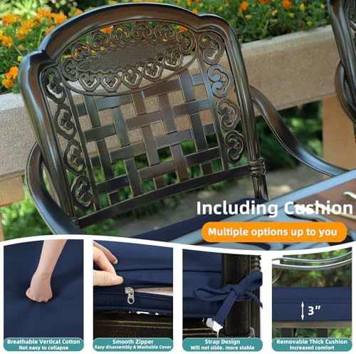 MEETWARM 5 Piece Patio Dining Set, Outdoor All-Weather Cast Aluminum Dining Table Set, Patio Furniture Set for Backyard, Include 4 Chairs with Cushions and a 35.4" Round Table, Navy Blue - Image 2