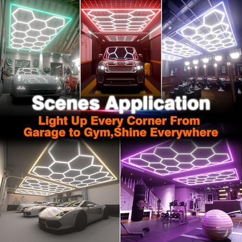 Hexagon Garage Lights, 14 Grids Hexagon LED Lights with Rectangle Frame, 603W 6500K Super Bright Honeycomb Light for Warehouse, Car Detailing Shop, Exhibition Hall, Gym(Red) - Image 7