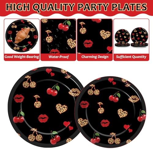 96 PCS Cheetah Cherry Party Paper Plates and Napkins Cherry Leopard Print Party Decoration Red and Black Wedding Dinnerware for Boys Girls Bachelorette Gatherings Decorations - Image 3