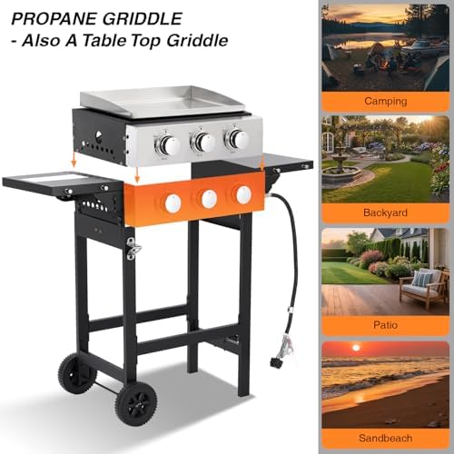 Gas Grill Griddle Combo with 3 Burners - Propane Grill on Cart - Stainless Steel 30,000 BTU -Camping Grill with 2 Foldable Tables, Cover - Outdoor Cooking Station for BBQ Backyard - Image 7
