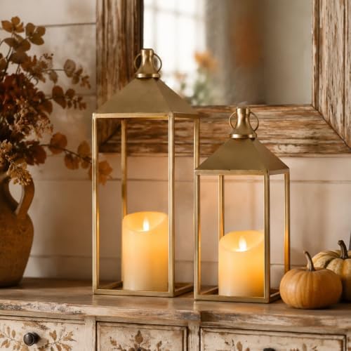 Decorative Candle Lanterns Indoor, 2 Pcs Gold Metal Lanterns with Candles - Image 3