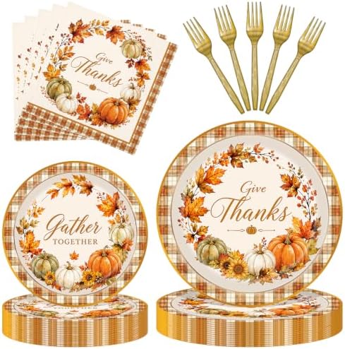 96 Pieces Thanksgiving Tableware Set – Fall Pumpkin Disposable Plates, Napkins, and Gold Forks for Thanksgiving Dinner, Friendsgiving, Harvest Party and Autumn Celebrations – Serves 24 Guests by Herytem