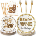 96Pcs Beary One First 1st Year Brown Birthday Party Plates Supplies - Party Tableware Decorations Disposable Paper Plates Napkins Forks for Birthday Gender Reveal Baby Shower, Serves 24 by G1ngtar