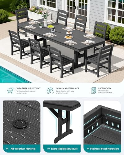 SERWALL 9Pcs 84" HDPE Outdoor Dining Set for 8 with Armless Chairs,Black - Image 3