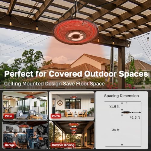 Electric Patio Heater Outdoor, ThermoMate 1500W Infrared Hanging Heater Ceiling Mounted with Chain, IP65 Waterproof Outdoor Heater for Porch, Gazebo, Balcony, Black - Image 5
