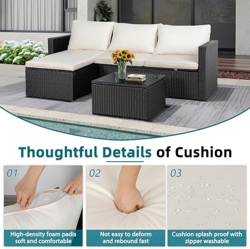 SUNLEI Patio Furniture Set with Detachable Soft Cushions, Outdoor PE Rattan Patio Conversation Sofa Set, 3-Piece Patio Sectional Sofa with Glass Coffee Table (Black Rattan&White) - Image 5