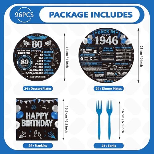 96Pcs 80th Birthday Decorations for Men Women Serves 24 - Image 5