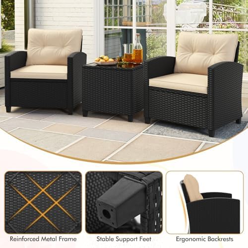 RELAX4LIFE 3-Piece Patio Furniture - Wicker Rattan Bistro Sofa Set w/Glass Top Coffee Table, Washable Cushions for Porch Balcony Backyard Poolside, Outdoor Conversation Set (Beige) - Image 7