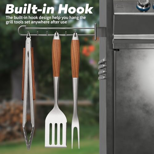 ENLOY Heavy-Duty Rose Wooden Barbecue Grilling Tools Set, Stainless Steel - Image 7