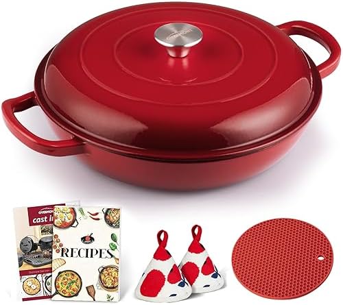 Overmont Enameled Cast Iron Dutch Oven - 3.8 QT Shallow Braiser with Recipe by Overmont