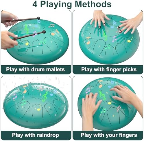 D Major Steel Tongue Drum Handpan, 12 Inch 13 Note Rain Drum for Outside Garden, Meditation Rain Chime, Musical Percussion Instrument for Adult Gift with Bag, Music Book, Drum Mallets (Lake Blue) - Image 4