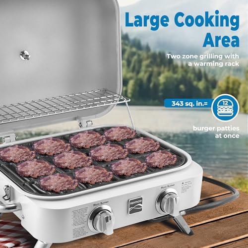 Kenmore Portable Propane Gas Grill - Tabletop BBQ Grill with Warming Rack, 2 Stainless Steel Burners with 14,000 BTUs, for Outdoor Kitchen, Camping, Pearl - Image 4