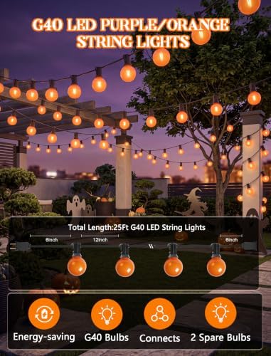 25Ft LED Outdoor Halloween Decorations Lights, 25 G40 Orange Globe Bulbs - Image 2