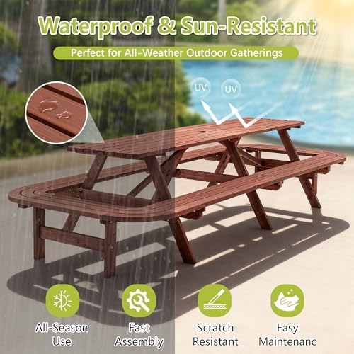 121'' Large Outdoor Dining Table, Rectangular Wooden Patio Dining Table & 2 Built-in Bench for 16, 2" Umbrella Hole, Suitable for Backyard Garden Porch, Brown - Image 5