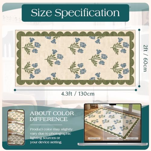 Front Door Mat Indoor Entrance - 2x4.3 Ft Floral Washable Layered Doormat Outdoor Entrance Porch Rug Non-Slip Sage Blue Boho Runner Rug for Kitchen Hallway Bedroom Laundry Room Porch Decor - Image 2