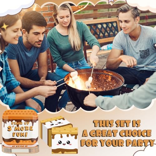 Yungyan 100 Pcs S'mores Camping Love Fun Paper Plates Napkin Set S'mores Campfire Party Decor 9" Disposable Tableware Plate 13" Napkins for Camper Birthday Christmas Baby Shower Family Favor Supplies - Image 4