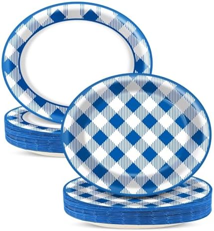 Qyeahkj 50 PCS Blue and White Checkered Oval Paper Plates Large 11” Disposable Picnic Dinner Party Decorations BBQ Supplies Favor for Holiday Baby Shower Birthday Party Tableware Set by Qyeahkj