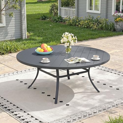 Outdoor Dining Table for 8, 63" Round Outdoor Table with Adjustable Umbrella Hole, All-Weather Metal Patio Dining Table for Lawn Garden Backyard Deck, Dark Grey by ProvideOutdoorSolutions