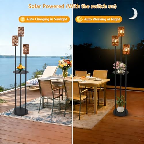 Solar Outdoor Floor Lamp Waterproof, Cordless Outdoor Lamps for Patio with Shelves Plant Stand, Rattan Solar Lamp for Outside, Wireless Outdoor Light for Yard Garden Deck Porch Decor - Image 2