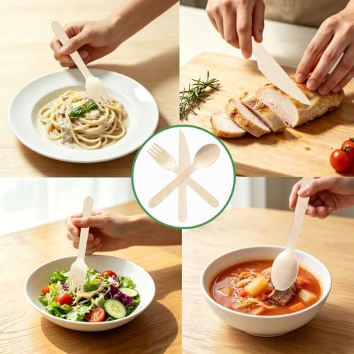 300 PCS Compostable Disposable Wooden Cutlery Set, Spoons Forks and Knives - Image 6