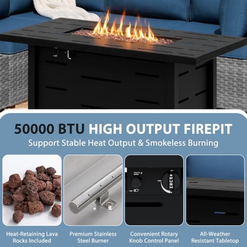 Shintenchi 6 Piece Outdoor Patio Furniture Set with 43 Inch Propane Fire Pit, Washable Cushions, Glass Coffee Table, Waterproof Cover & CSA Certified for Backyard Poolside, Silver PE Rattan/Navy Blue - Image 5