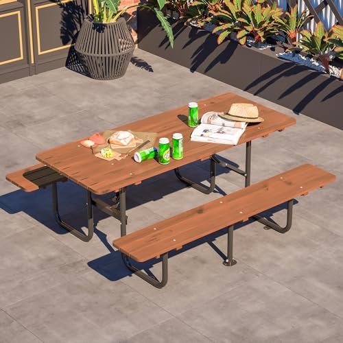 72'' Rectangular Outdoor Dining Table Wooden Patio Dining Table & 2 Built-in Bench for 8, 2" Umbrella Hole & Metal Base, Suitable for Picnic Backyard Garden Porch, Brown by JJKFurniture-kevinplus