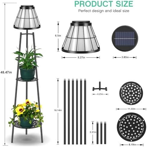 2 Pack Solar Floor Lamps Outdoor with 2-Tier Plant Stand, Metal Tall Planter Holder with Waterproof LED Lantern, Decorative Patio Light & Flower Pot Display Rack for Garden, Deck, Porch, Balcony - Image 3