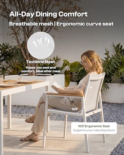 Outdoor Dining Chairs Set of 2, Aluminum Patio Armchairs, All Weather Patio Dining Furniture for Backyard, Deck, Poolside (White-Teak) - Image 4
