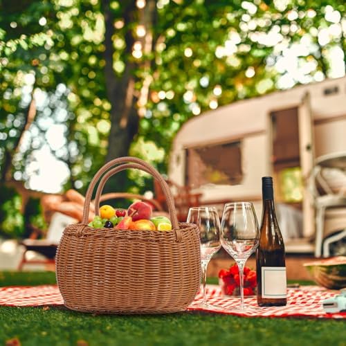 POPETPOP Rustic Imitation Rattan Woven Basket PP Material Multi-Function Fruit Vegetable Organizer for Outdoor Picnic and Decorative Storage - Image 7