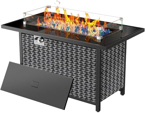 Ciays 43″ Propane Fire Pit with Glass Wind Guard, CSA-Listed 60,000 BTU Outdoor Gas Fire Pit Table, Tempered Glass Top, Glass Rocks,Lid, Adjustable Legs, Fire Table for Patio, Garden & Party, Black by Ciays