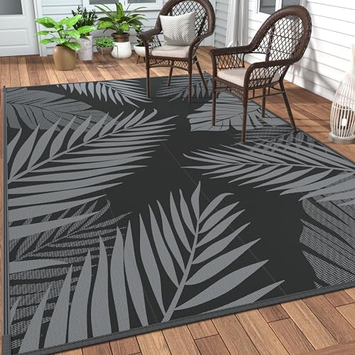 GENIMO Outdoor Rug, Waterproof Plastic Rugs 10'x14' for Camping Black Grey by GENIMO