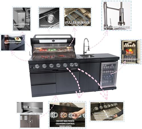 82 Inch Natural Gas Outdoor Kitchen Island with Grill - 6-Burner 85000 BTU, Height-Adjustable Infrared Rear Burner, Sink/Wine Cooler, Granite Countertops & Rotisserie Kit, For Patio, Lawn, Backyard - Image 3