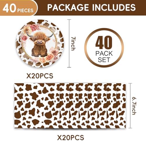 40pcs Highland Cow Party Supplies,Highland Cow Baby Shower Decoration Supplies,Used for Holy Cow Baby Boy Party Decoration,Include 20 dinner plates, 20 Napkin - Image 2