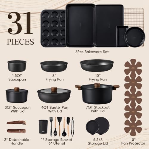 CAROTE 31pcs Pots and Pans Set Non Stick, Detachable Handle Cookware, Black - Image 2