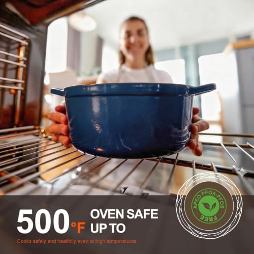 Overmont Enameled Cast Iron Dutch Oven - 5.5QT Pot with Lid Cookbook & Cotton Potholders - Heavy-Duty Cookware for Braising, Stews, Roasting, Bread Baking Midnight Sapphire - Image 4