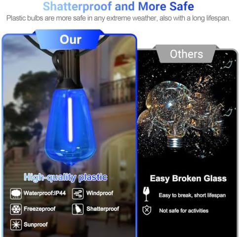 LAMPHOME 26Ft ST38 Blue White Outdoor String Lights, Patio Lights with 12+1 ST38 Edison Bulbs, LED Shatterproof String Lights for Outside Bistro Patio Christmas Party Decorations - Image 4