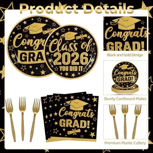 100 Pcs Graduation Party Supplies Set, Serves 25 – Disposable Black and Gold Graduation Paper Plates, Napkins, and Forks, Congrats Grad Dinnerware for Class of 2026, Prom Party Decorations - Image 2