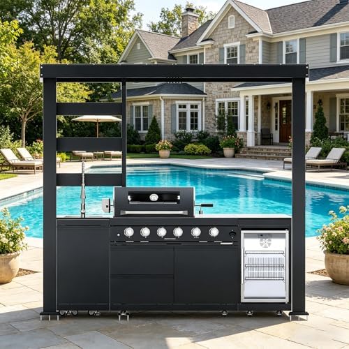 97" Stainless Steel Outdoor Kitchen Island with 4-Burner 72000 BTU,Gas Grill with Side Burner,Rotisserie Oven,Beverage Fridge,Galvanized Steel Roof,Granite Countertops,Sink.(Natural Gas) - Image 3