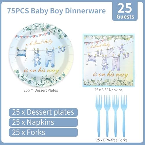 75PCS Greenery Baby Shower Plates and Napkins Decorations Party Favors, 7Inch A Sweet Baby Is on His Way Baby Boy Shower Paper Plates Disposable Dessert Tableware Party Supplies - Image 3