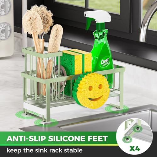 Sponge Holder for Kitchen Sink,Sink Caddy with Removable Dish Brush Holder,Self-Draining Kitchen Countertop Organizers and Storage Essentials,Soap Dispenser Organize and Home Decor-Green - Image 3