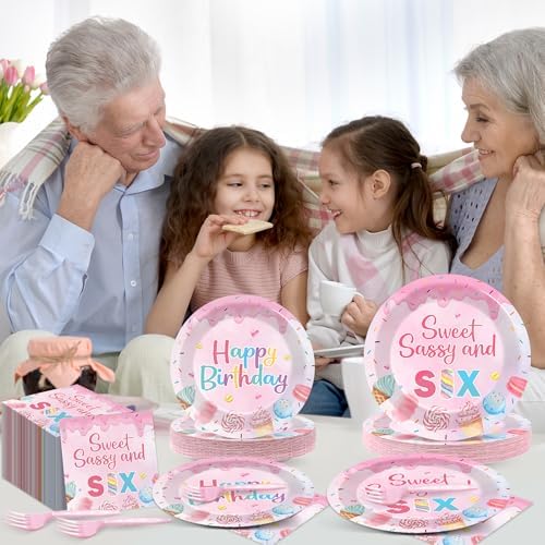96 PCS Donut Party Tableware 6th Birthday Plates and Napkins Decorations Disposable Donuts Happy Birthday Party Tableware Supplies Sweet Sassy 6th Plates Napkins Decor for Kids Gatherings Decorations - Image 6