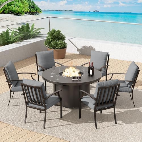 7 Pcs Outdoor Patio Furniture Set with 48"/55000 BTU Outdoor Round Propane Fire Pit Table,Patio Conversation Sets 6 Fixed Chairs No-Slip Cushions and Waterproof Covers,Grey by TrumbeakFurniture