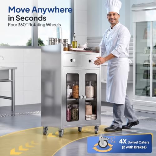 ROVSUN Stainless Steel Table with Cabinet & Wheels, 23.6" x 15.7" Commercial Pre Work Table with Glass Door & Drawers, Large Space Storage for Kitchen Restaurant Hotel Garage Warehouse Outdoor - Image 5