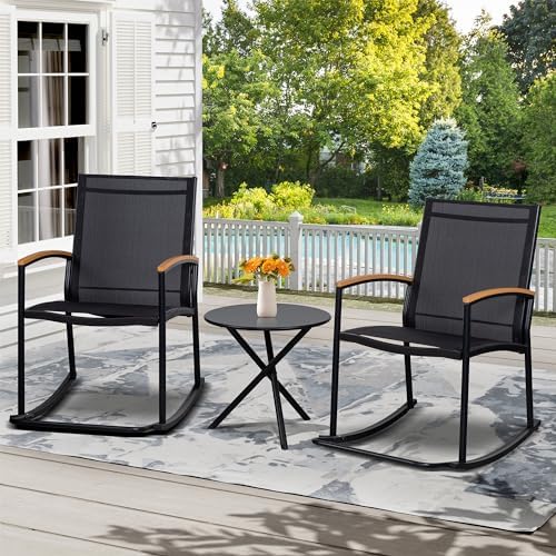 Shintenchi 3 Piece Outdoor Rocking Bistro Set, Textilene Fabric Small Patio Furniture Set, Front Porch Rocker Chairs Conversation Set with Table for Lawn, Garden, Balcony, Poolside (Black) - Image 2