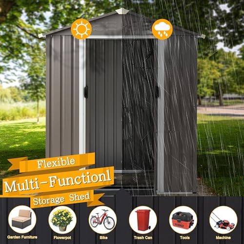 Shintenchi 5x3 FT Outdoor Storage Shed with Window, Lockable Outdoor Waterproof Tool Storage Sheds, Weather Resistant Tool Storage House Shed for Garden, Backyard, Patio Utility Tool Storage,Dark Gray - Image 4